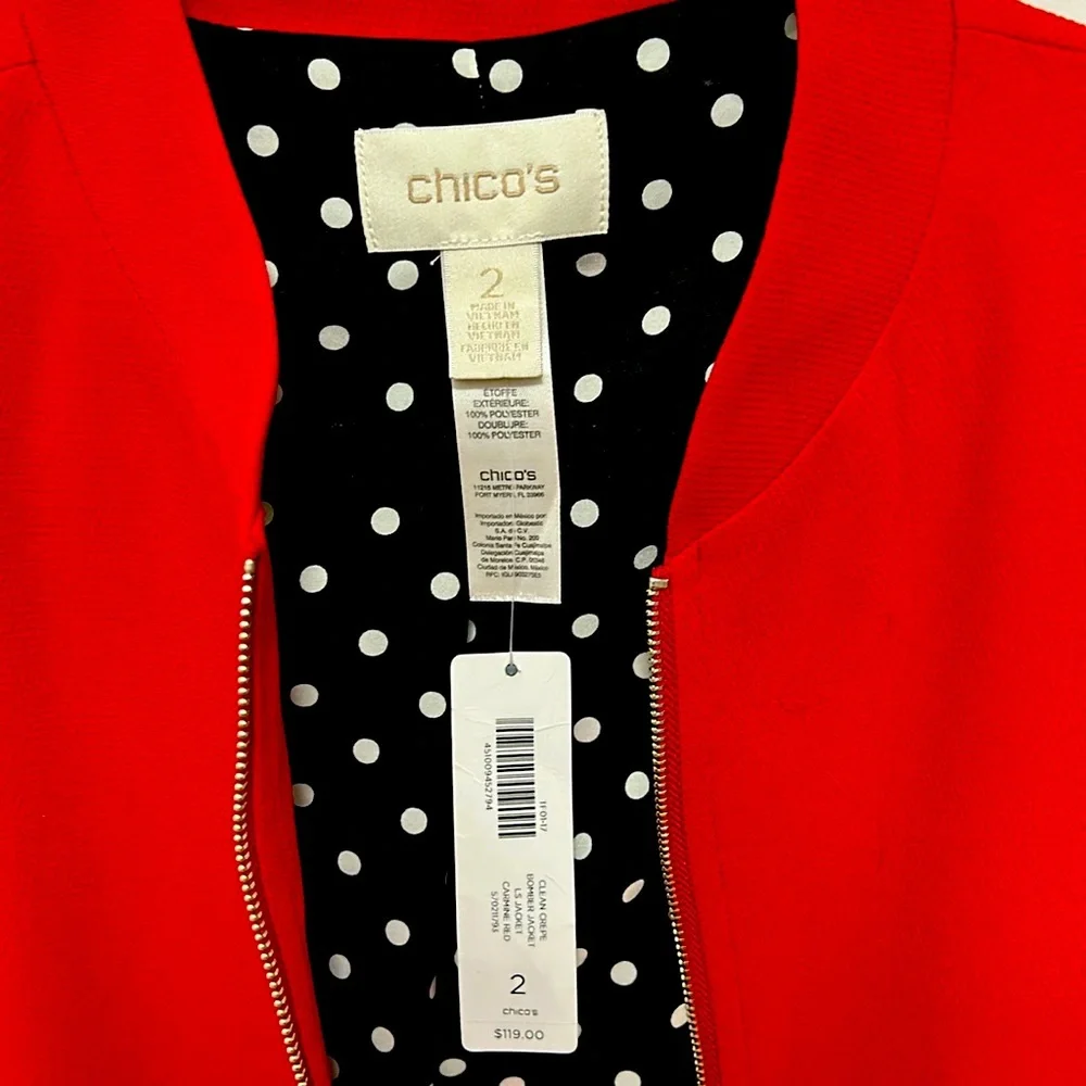 Clean crepe Bomber jacket ,long sleeve jacket, carmine red , size Chicos 2 NWT. - Picture 5 of 6